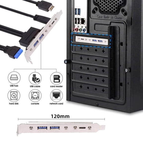 ASIASN-USB 3.0 Front Panel Header 19/20Pin & Type-E to 2 USB 3.0 & USB C Female Chassis Back Panel Port Extension Cable with 12cm PCI-E Slot Bracket