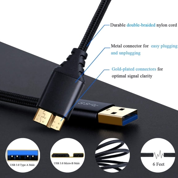 ASIASN-USB 3.0 Micro Cable, 3-Pack 6ft Super Speed USB 3.0 Cable A Male to Micro B Charger Cable Compatible for Samsung Galaxy S5, Note 3, External Hard Drive and More - Black