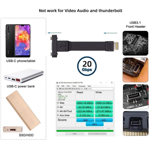ASIASN-USB 3.2 20Pin Type-E IDC Front Panel Header to USB-C Type-C Female Extension Cable 20Gbps with Panel Mount Screw