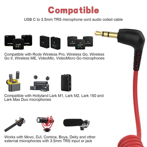 ASIASN-USB C to 3.5mm TRS Microphone Adapter Mic Cable Compatible with Rode Wireless GO 2/ME/Pro, Hollyland Lark M1/M2/150/MAX/MAX Duo DAC Wireless Microphone, Coiled Cable for Android, iPhone 15/16/