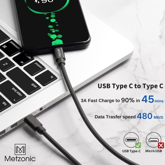 ASIASN-USB C Cable 2 Pack, Type C to Type C Metal Braided Fast Charge Cable 6.6 Feet PD 65W Fast Charge Data Sync Transfer Cord