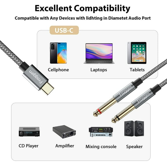ASIASN-USB C to Dual 6.35mm 1/4 TS Mono Breakout Cable, 6 FT USB Type C to Dual 6.35mm 1/4 Cable Compatible with iPad, Smartphone, Tablet, Laptop, Amplifier, Mixing Console, Speaker