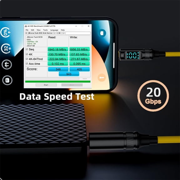 ASIASN-USB-C to USB C 100W 20Gbps Power & Data Cable with Smart LED Display 8K Type-C Male to Male for Laptop Disk Phone 200cm