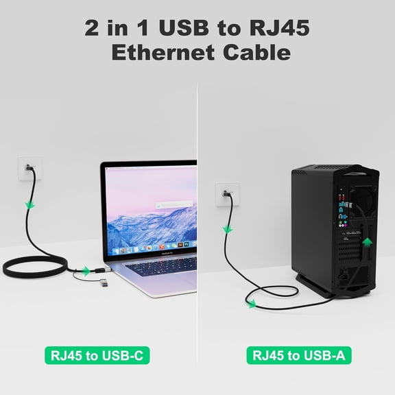 ASIASN-USB to Ethernet Cable 6 FT, USB-C & USB-A Port Two in One, USB C to RJ45 Network Cord, Gigabit, Directly Connected, Thunderbolt 4/3 Compatible with PCs, Laptops, Tablets, Smartphones- Not for