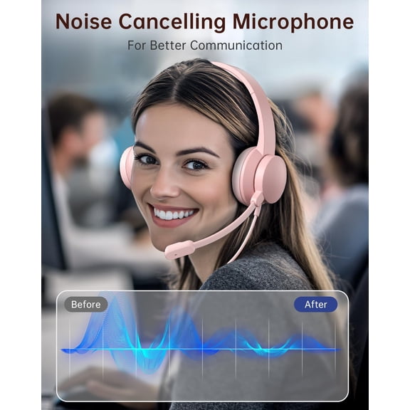 ASIASN-USB Headset with Microphone for PC, Wired Headphones with Mic USB Headset with Noise Cancelling Microphone, Computer Headsets with Microphone for Home Office Online Class Teams Skype (Pink)