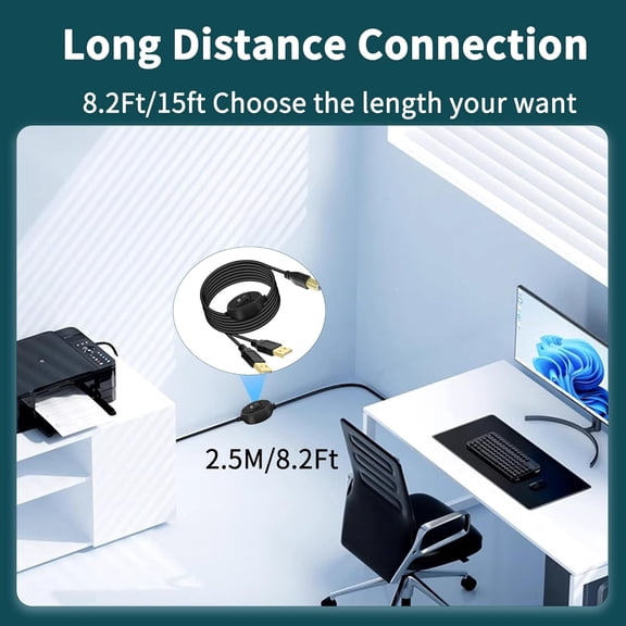 ASIASN-USB Printer Cable Splitter with Switch, 2 in 1 USB B to Dual USB A Male Splitter Cable for 2 Computers to 1 Printer, Compatible with Keyboard Mouse Scanner and More (2.5M/8.2Ft)