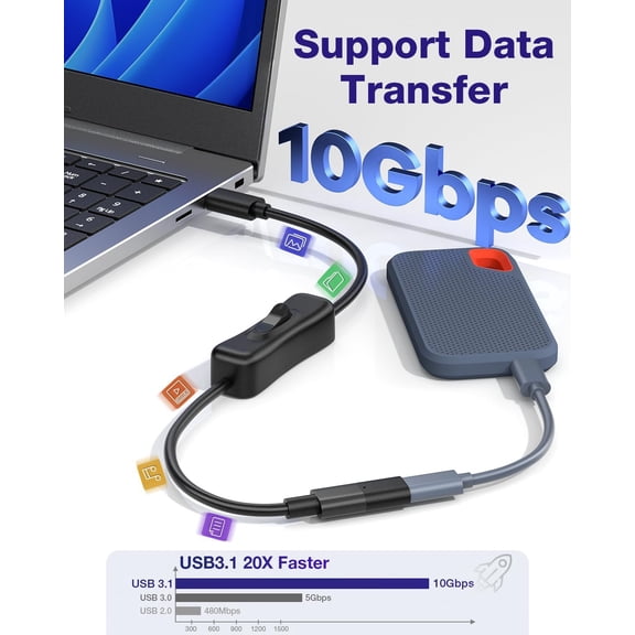 ASIASN-USB Type-C Extension Cable with On Off Switch [1ft], USB 3.1 Type-C Male to Female Extension Cable with ON/Off Switch Support Video/Data/PD Charging