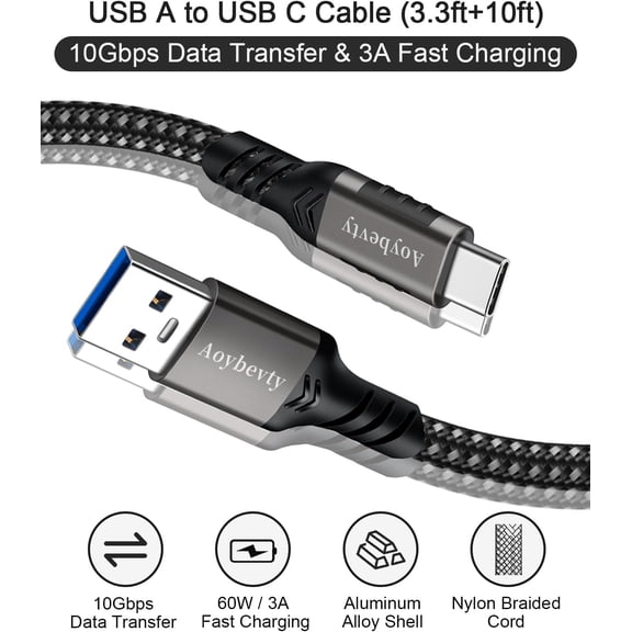 ASIASN-USB A to USB C Cable 3.3FT+10FT, 3.1/3.2 Gen 2 Data Transfer and 60W 3A Fast Charging Cable for Car Charger Android Auto Samsung Galaxy S23 S22 S21 S20 S10 Ultra and Other Type C Devices