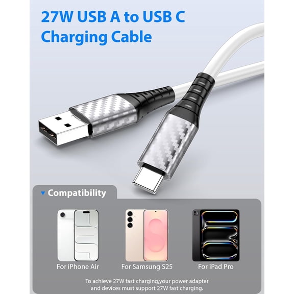 ASIASN-USB A to USB C Cable 30ft Extra Long 10W 12W 18W 20W Charging Power Extension Cord USBA to USBC for Samsung Galaxy Note 20 Ultra for Tapo TP-Link Xiaomi Mi eufy Security CCTV Camera White