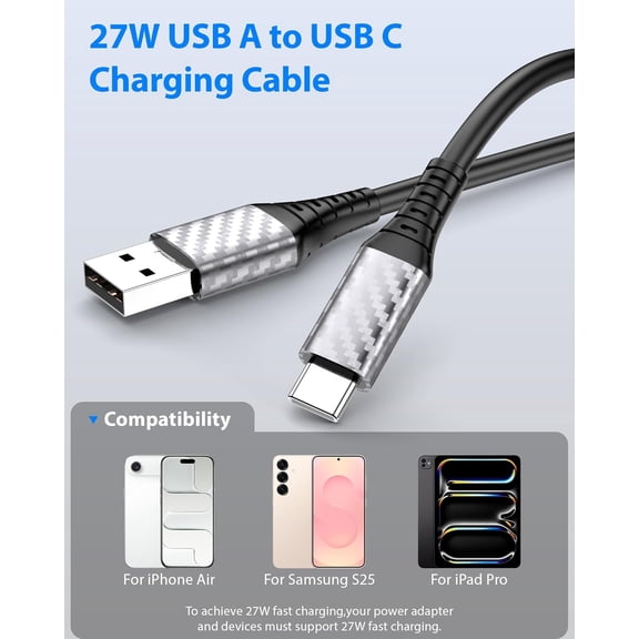 ASIASN-USB A to USB C Cable 30ft Extra Long 10W 12W 18W 20W Charging Power Extension Cord USBA to USBC for Samsung Galaxy Note 20 Ultra for Tapo TP-Link Xiaomi Mi eufy Security CCTV Camera Black