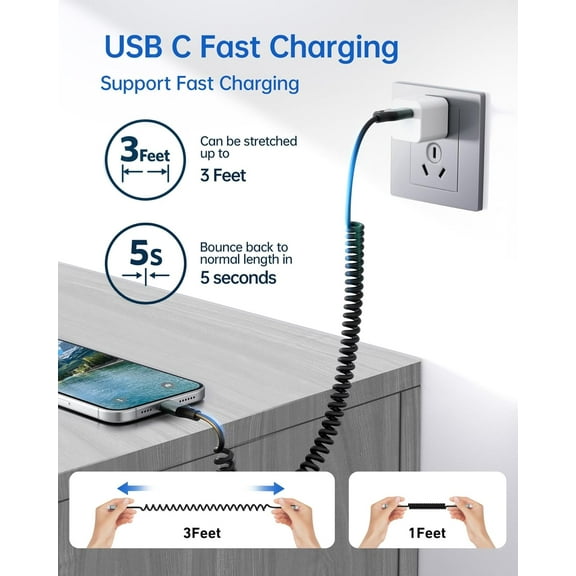 ASIASN-USBC to USBC Cable for Car, 3FT Coiled USB Type C Charge Cable Fast Charging, 2Pack Short USB-C Cable Compatible with iPhone 17/16/15/Samsung Galaxy S20 S10 S9 Plus Note 10 9 8 and More USB C
