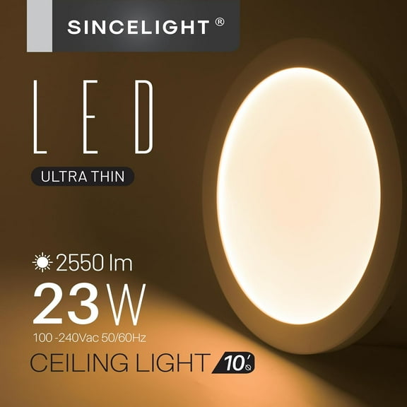 ASIASN-Ultra-Thin 12 Inch LED Ceiling Lights 23W, Compact Profile, Recessed or Surface Mount, Edge-Lit, 2550lm, Warm White to Cool White Tunable, 2700K/4000K/6000K, Pack of 1