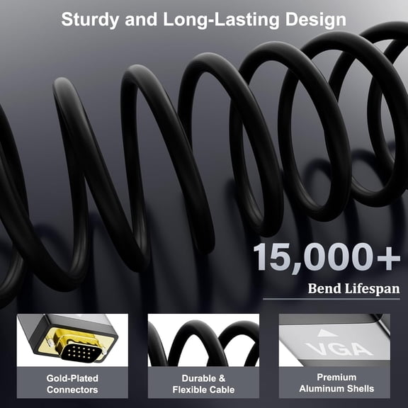 ASIASN-VGA to VGA Cable 20 FT, Long VGA Male to Male Adapter Cord, Standard 15 Pin Gold-plated Connectors, Aluminum Shells, 1080P, for Computer, Laptop, Desktop, Monitor, Projector, Gaming, HDTV, DVD