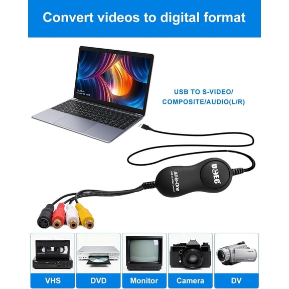 ASIASN-VHS to Digital Converter Kit, VCR to Digital Converter, RCA to USB Video Capture Device, USB 2.0 Video Capture Card Device for Mac Windows