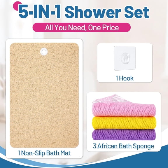 ASIASN-Value 5-Piece Set 1 Shower Mat Non Slip, 3 African Net Exfoliating Sponges, 1 Drying Hook for Bathroom, Bathtub & Showe (Beige, L(3'3" 1'3.75"))