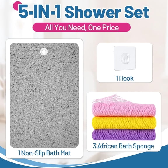 ASIASN-Value 5-Piece Set  1 Shower Mat Non Slip, 3 African Net Exfoliating Sponges, 1 Drying Hook for Bathroom, Bathtub & Showe (Gray, L(3'3"  1'3.75"))