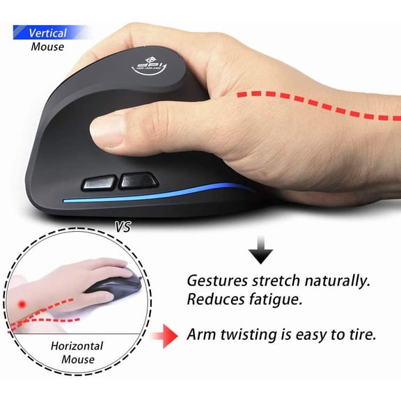 ASIASN-Vertical Wireless Mouse,2.4G USB Optical Ergonomic Mice with 3 Adjustable DPI 1000/1600/2400 and 6 Buttons for Laptop, PC, Computer, Desktop, Black