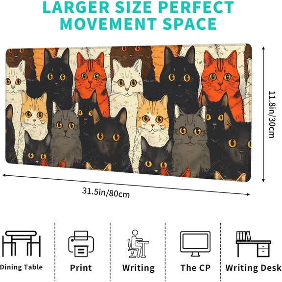 ASIASN-Vintage Cat Gaming Mouse Pad  12x31.5in Non-Slip Rubber Desk Mat with Retro Cute Kitten Design  Large Extended Mousepad for Office Home Laptop  Deskmat Gifts for Pet & Art Lovers Decor