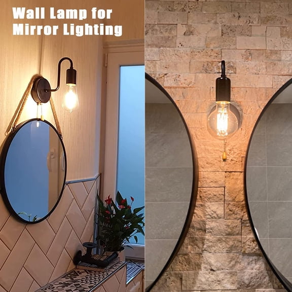 ASIASN-Vintage Pull Chain Wall Sconce Light with Switch Black Wall Lights Fixture Retro E26 Industrial Farmhouse Wall Lamp Hard Wired Sconces Lighting for Mirror Bedroom Bathroom Hallway (1-Light)