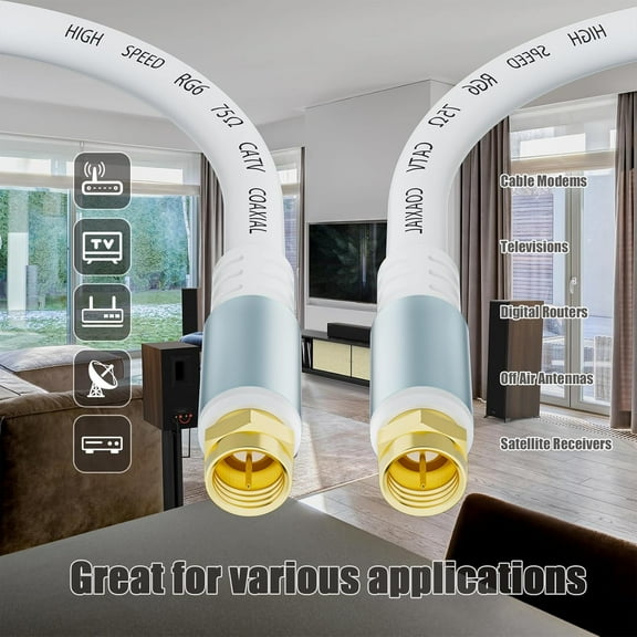 ASIASN-White RG6 Coaxial Cable 50ft Super Speed Internet, Broadband and Digital TV Aerial, Satellite RG6 Coaxial Extension Cable