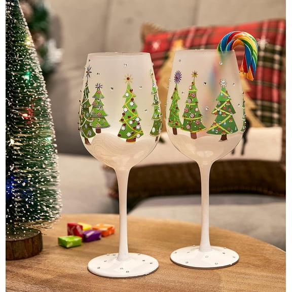 ASIASN-Winter Tree Design Stemmed Wine Glasses Set of 2, 17.5oz Elegant Red Green Yellow Silver Drinkware, Decorative Glassware for Party Wedding Entertaining Table Display