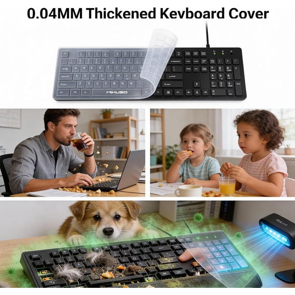 ASIASN-Wired Keyboard Full Size with Dust Cover - Black Laser-Etched Keys(Do not Fade) USB Office Keyboard for Windows PC, Integrated Bracket Sturdy Spill-Resistant Design for Home & Business