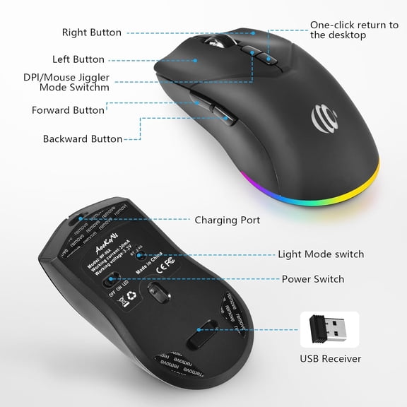 ASIASN-Wireless Bluetooth Mouse, Rechargeable USB Optical Mouse, 3 Adjustable DPI, LED Silent Dual Mode(Bluetooth 5.2 and 2.4G) Wireless Mouse for Mac, Laptop, PC, Android, Windows (Black)