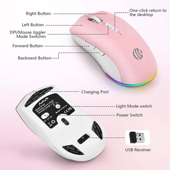 ASIASN-Wireless Bluetooth Mouse, Rechargeable USB Optical Mouse, 3 Adjustable DPI, LED Silent Dual Mode(Bluetooth 5.2 and 2.4G) Wireless Mouse for Mac, Laptop, PC, Android, Windows (Pink)