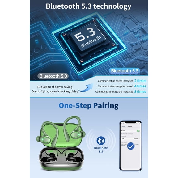 ASIASN-Wireless Earbuds, 60H Playback Bluetooth 5.3 Headphones,Noise Cancelling Wireless Headphones with LED Battery Display, Mics Clear Call, IPX7 Waterproof Bluetooth Earbuds for Workout Sports (GR