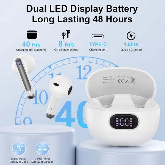 ASIASN-Wireless Earbuds Bluetooth Ear Buds for iPhone 17 16 Pro Max 16e 16 Plus 16 15 Pro Max 15, V5.3 48H Wireless Headphones with LED Display Charging Case IPX7 Waterproof Earphones for Samsung A16