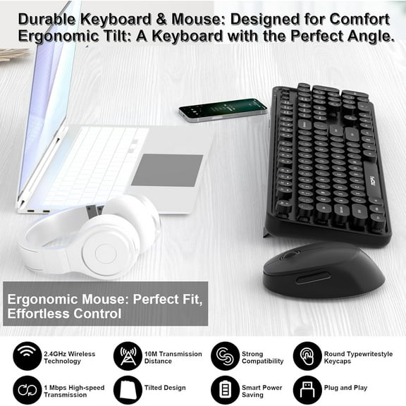 ASIASN-Wireless Keyboard and Mouse Combo, 104 Keys Full-Size Retro Round Keys Typewriter Keyboards Ergonomic Keyboards and Mouse Wireless for Windows, PC, Laptop, Desktop Black