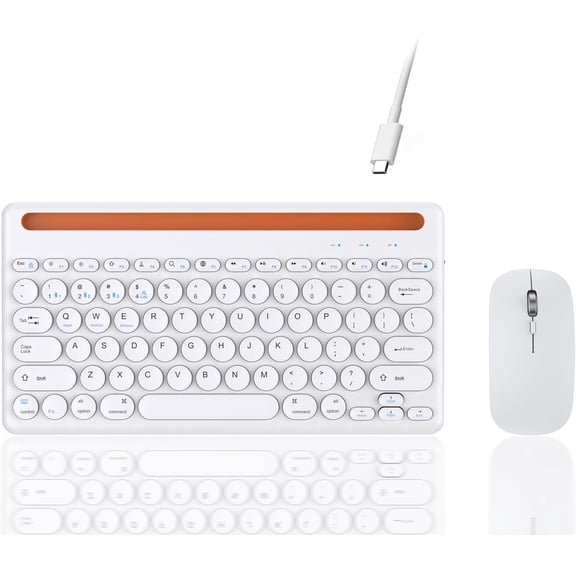 ASIASN-Wireless Keyboard and Mouse Combo with Phone Tablet Holder, Rechargeable Dual-Mode (Bluetooth 5.0 and 3.0 +2.4G) Multi-Device Silent Mouse for Windows, iPad, Tablet, MacOS,iOS,Android (White)