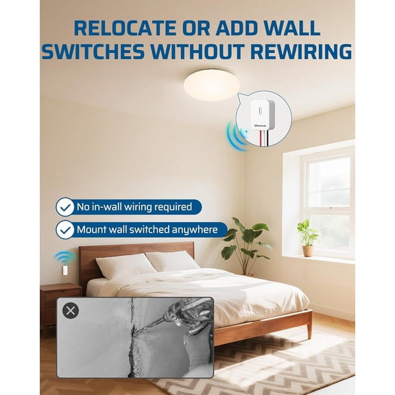 ASIASN-Wireless Light Switch and Receiver Kit, 15A/1800W High Power, No Wiring, No Interference, 100FT Range, Programmable & Expandable,Remote Control Wall Switch for Ceiling Lights, Fans, Lamps