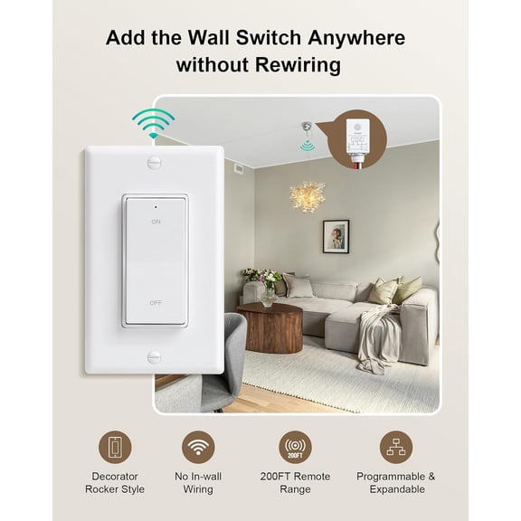 ASIASN-Wireless Light Switch and Receiver Kit, Decorator Rocker Wall Switch, 15A High Power, 200FT Long Range RF Remote Control, No in-Wall Wiring, Programmable & Expandable for Ceiling Light, Fans,