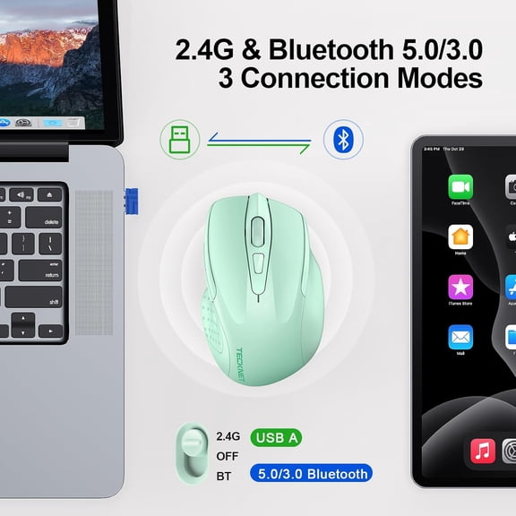 ASIASN-Wireless Mouse (2.4G & BT5.0/3.0) Silent 4800 DPI Computer USB A & Bluetooth Mouse 6 Buttons, Wide Compatibility - Green