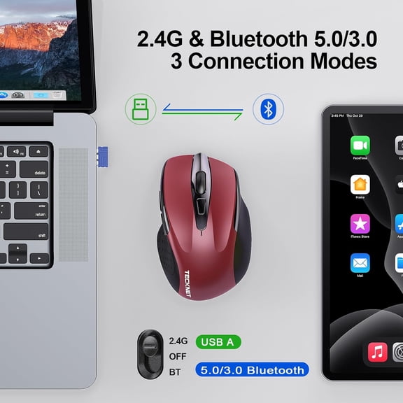 ASIASN-Wireless Mouse (2.4G & BT5.0/3.0) Silent 4800 DPI Computer USB A & Bluetooth Mouse 6 Buttons, Wide Compatibility - Red