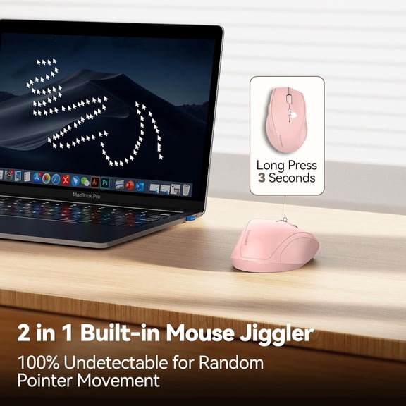 ASIASN-Wireless Mouse Jiggler, Silent Click Rechargeable Mouse, Plug & Play with USB-C Adapter, 6400 DPI Ergonomic Mouse, Build-in Mouse Mover, 2.4G Computer Mice for Mac, Laptop, Desktop, PC