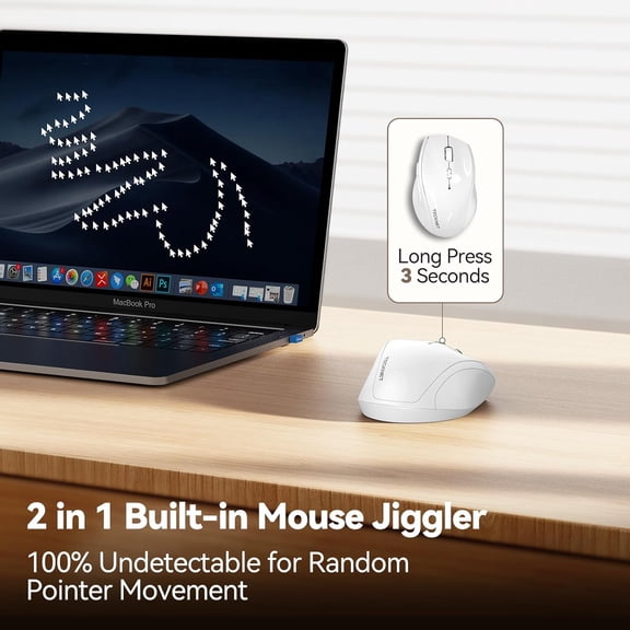 ASIASN-Wireless Mouse Jiggler, Silent Click Rechargeable Mouse, Plug & Play with USB-C Adapter, 6400 DPI Ergonomic Mouse, Build-in Mouse Mover, 2.4G Computer Mice for Mac, Laptop, Desktop, PC