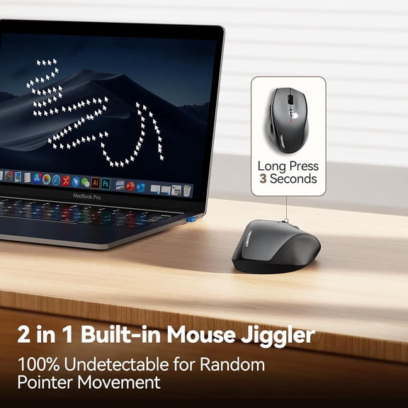 ASIASN-Wireless Mouse Jiggler, USB-C Rechargeable Mouse, Silent Mouse with USB-C Adapter, 6400 DPI Ergonomic Mouse, Build-in Mouse Mover, 2.4G Computer Mice for Mac, Laptop, Desktop, PC