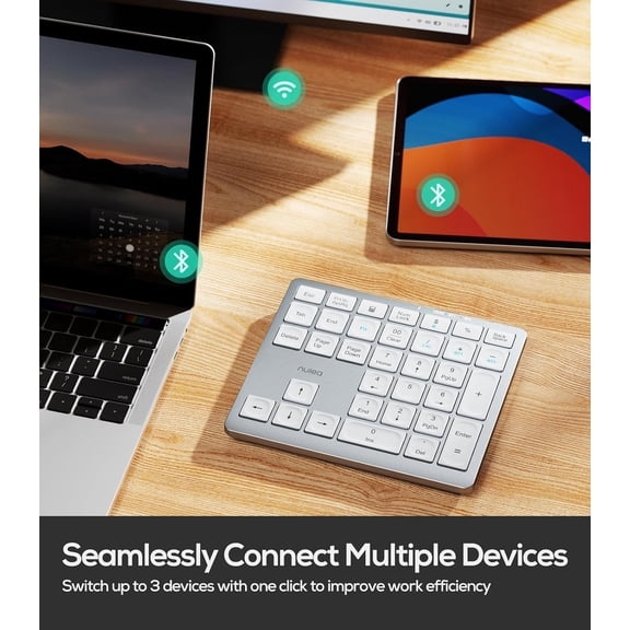 ASIASN-Wireless Number Pad Bluetooth 5.0 & 2.4G Portable Numeric Keyboard, USB-C Rechargeable, 34-Keys Bluetooth Keyboard for Data Entry (Silvery White)