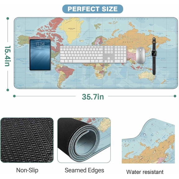 ASIASN-World Map Gaming Mouse Pad Global Geography Map Large Mousepad Desk Keyboard Mat for PC,Home,Office 35.4"X15.7"