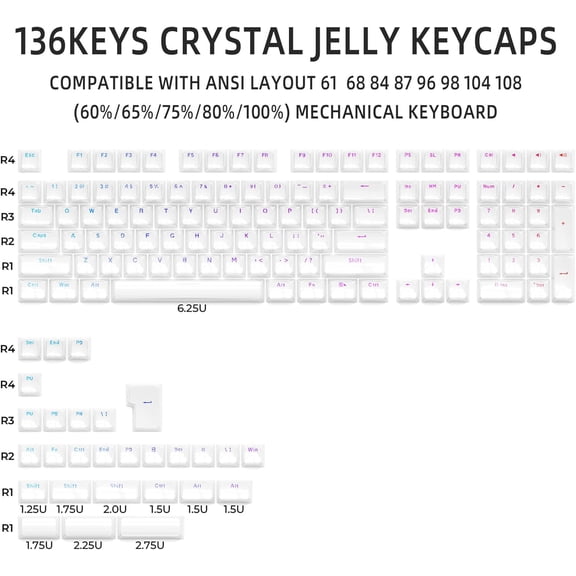 ASIASN-XVX Jelly Keycaps, Ceramic Style Keyboard Keycaps, White Shine Through Keycap Set OEM Profile Compatible with 61/68/84/87/98/100 ANSI and ISO Layout MX Switches Mechanical Keyboard
