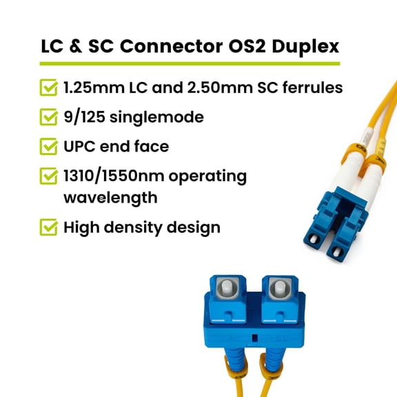 ASIASN-trueCABLE LC to SC OS2 Fiber Patch Cable, 30m (98.42ft), UPC Polish, 200GB Singlemode (SM) Duplex 9/125um, Riser Rated (OFNR), UL Listed, 1pc, Yellow