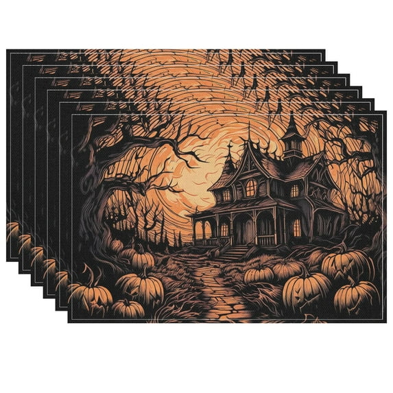 Modern Autumn Placemat Deco for Dining Table Kitchen Cafe Durable Pumpkins Haunted House Placemats 6Pcs 17.7x13inch Fade-Resistant Halloween Night Placemats