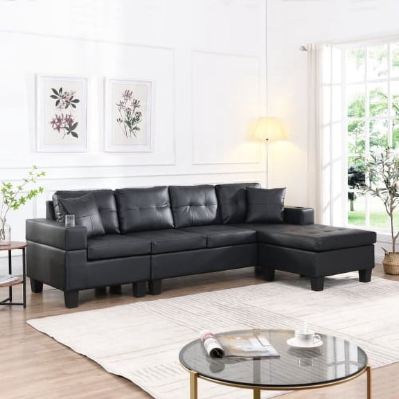 ASINMAK 97" L Shaped Couch Faux Leather Sectional Couch Upholstered 3 Pieces Sofas for Living Room with Chaise, Ottoman with Storage for Office and Small Apartment, Black