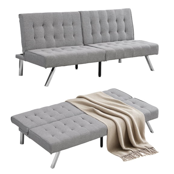 ASINMAK Convertible Sofa Bed with Breathable Chenille, Metal Legs, and Adjustable Lounge - Minimalist Solid Print Wood Couch, Gray