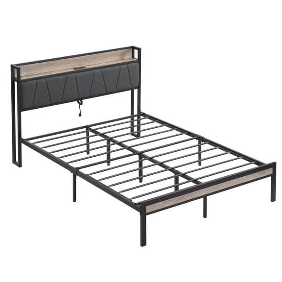 ASINMAK Full Bed Frame with Ergonomic Upholstered Headboard with Charging Station, Full Size Platform Bed Frame, Metal Slats Support, No Box Spring Needed, Easy Assembly - Black