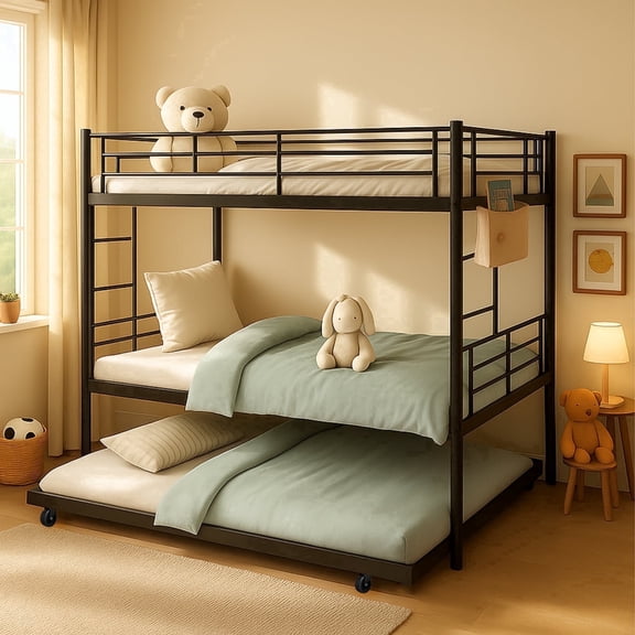 ASINMAK Full over Full Metal Triple Bunk Bed with Trundle for Teens/Adults, Heavy Duty 2-in-1 Convertible Beds with 12 inches High Guardrail, Space Saver Side Ladders and Underbed Storage, Black