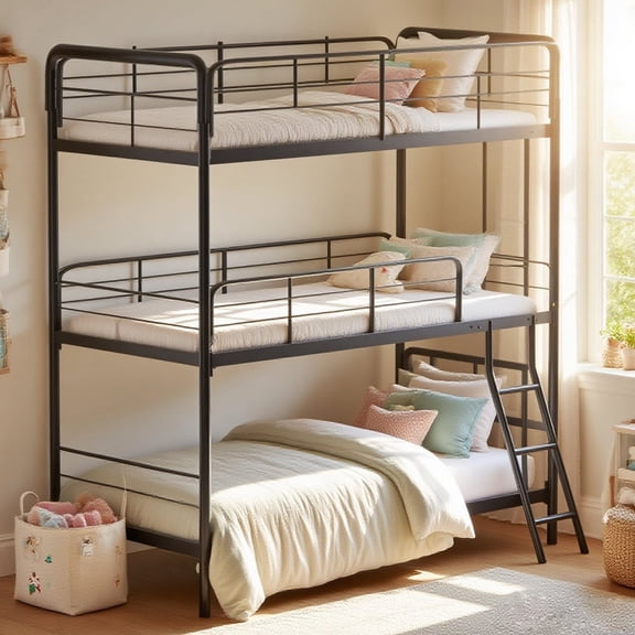 ASINMAK Full over Triple Bunk Bed Metal Frame of Full over Full over Full, for Kids/Teens/AdultsHeavy Duty with 12 inches High Guardrail,Space Saver Side Ladders, Easy Assembly, Black