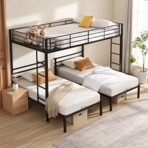 ATOPCORP Full over Twin over Twin Triple Metal Bunk Bed Frame, for Teens/Adults Heavy Duty with 11 inches High Guardrail, Space Saver Side Ladders and Underbed Storage, Easy Assembly, Black